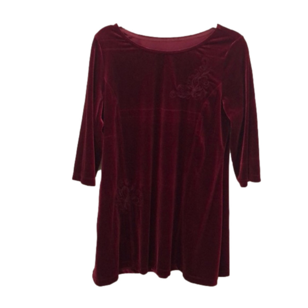 RICH red velvet dress with embossed floral design and bateau neckline.  Size L